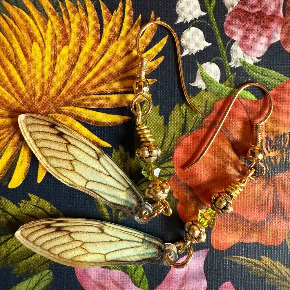 Handmade Earring Set Green Crystal & Gold Butterfly, Dragonfly, Fairy Wing